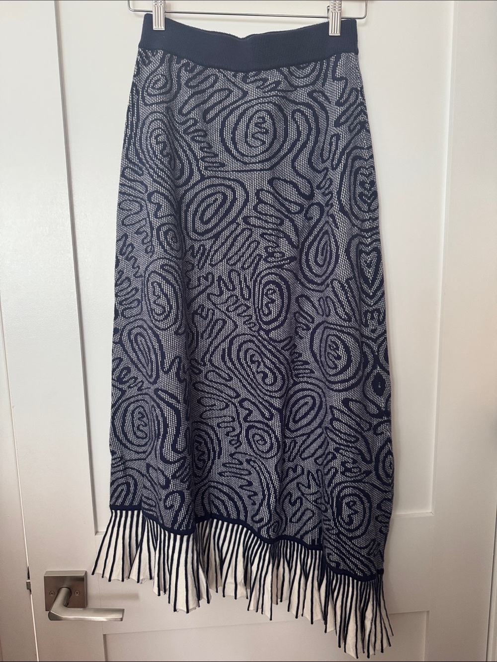 Navy Patterned Fringe Maxi Skirt - Women's